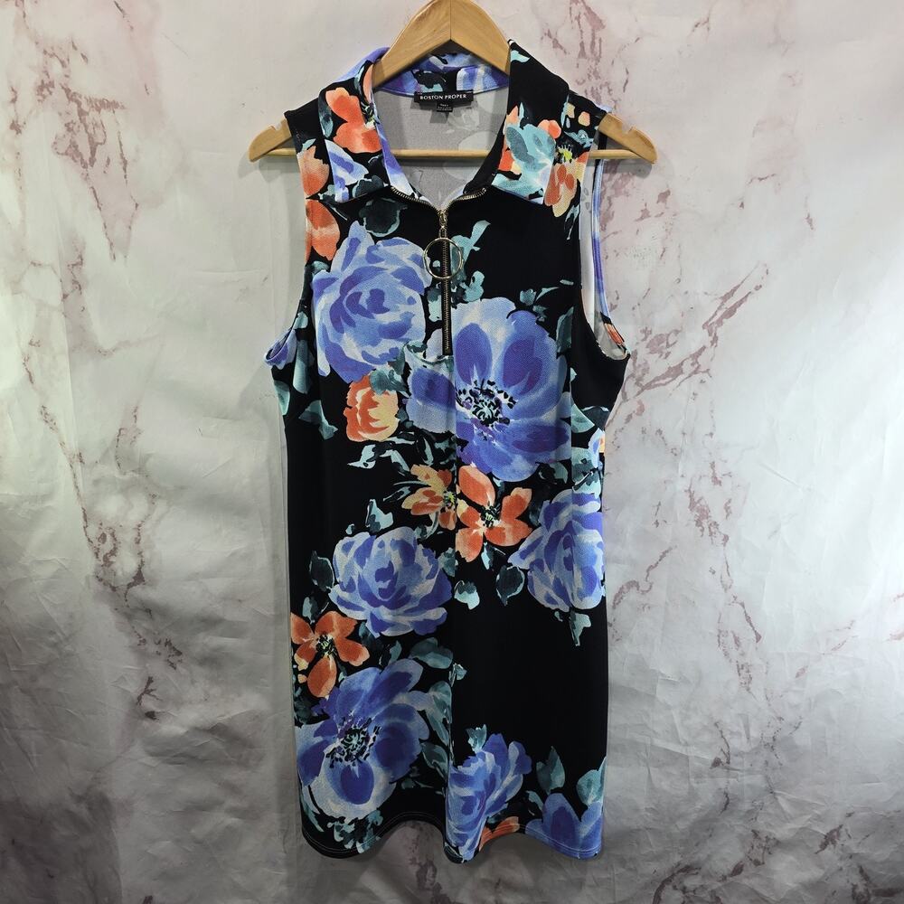 Boston Proper Dress Womens Large Black Blue Floral Tank Zip